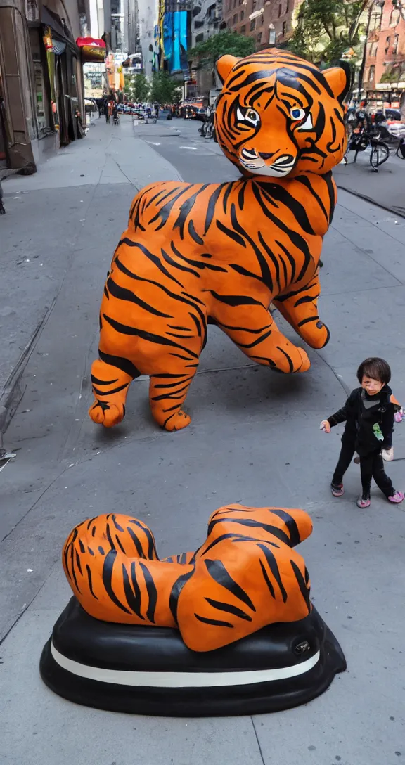 Prompt: a kiddie ride that looks like a tiger on the sidewalk in NYC