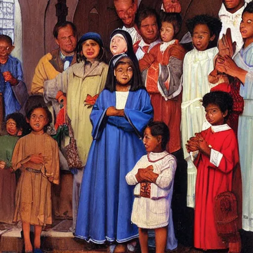 Image similar to ethnically diverse children in a church nativity play, art by normal rockwell