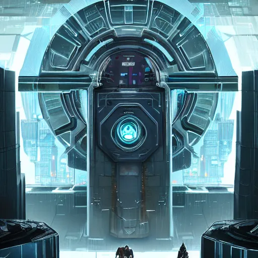 Image similar to giant cyberpunk vault door, imposing, highly detailed digital illustration by greg rutkowski, android netrunner