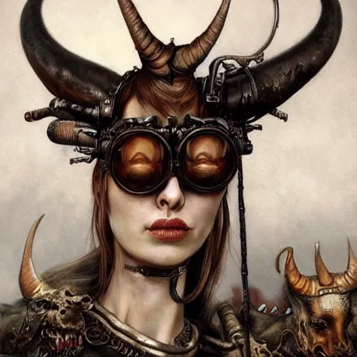 Image similar to a hyperrealistic portrait painting of a beautiful woman with demonic horns wearing steampunk goggles, riding a horse into the fires of hell, by santiago caruso, highly detailed,