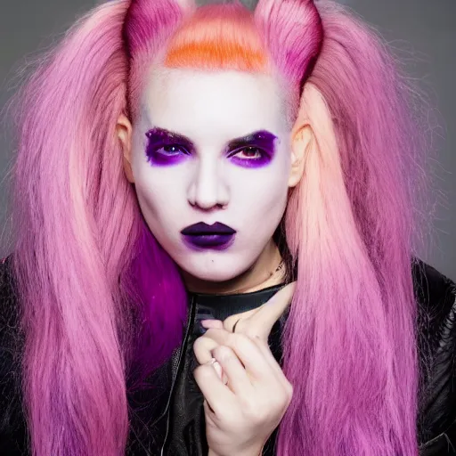 Prompt: a portrait of star st. germain with pink hair, purple eyebrows, and a septum ring, editorial fashion photography