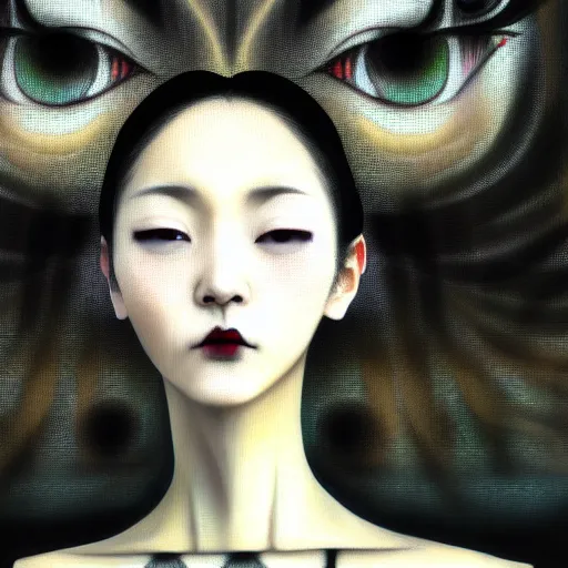 Image similar to yoshitaka amano blurred and dreamy realistic three quarter angle portrait of a young woman with black lipstick and black eyes wearing dress suit with tie, junji ito abstract patterns in the background, satoshi kon anime, noisy film grain effect, highly detailed, renaissance oil painting, weird portrait angle, blurred lost edges