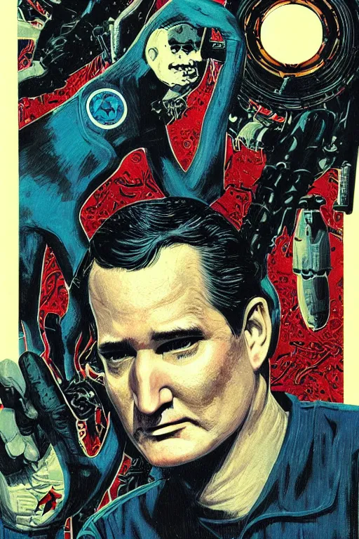 Prompt: Ted Cruz is the zodiac killer, unmasked, horror, slasher, retro cover, high details, intricate details, by vincent di fate, artgerm julie bell beeple, 60s, inking, vintage 60s print, screen print