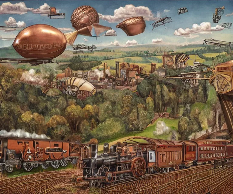 Prompt: steampunk countryside, 1 9 2 0 s, steam trains, blimps, rose gold