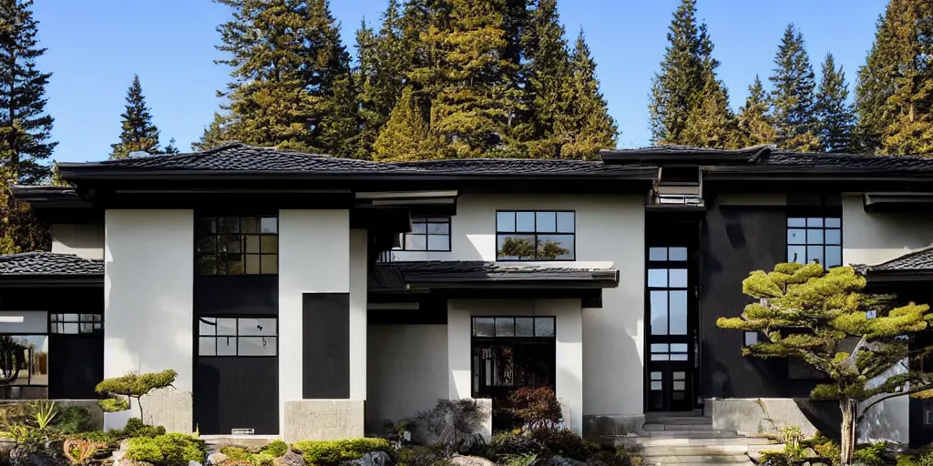 Image similar to large modern residence, pacific northwest japanese style, flared japanese black tile roof, many windows with warm light, elegant