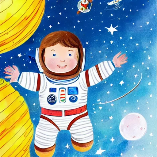 Image similar to a cute little girl with a round cherubic face, blue eyes, and short wavy light brown hair smiles as she floats in space with stars all around her. she is an astronaut, wearing a space suit. beautiful painting with highly detailed face by quentin blake and axel scheffler and greg rutkowski