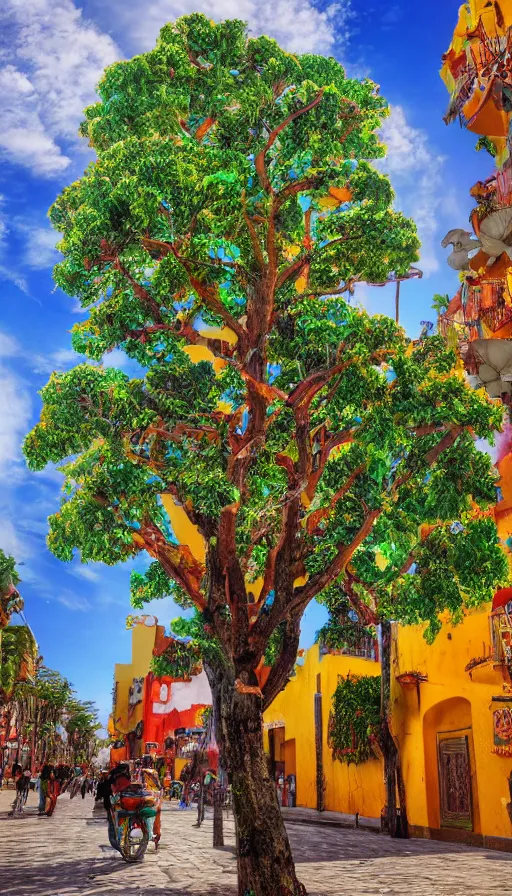 Image similar to tree of life, mexican city street, fantasy, 8k