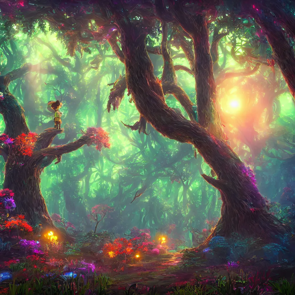 Image similar to huge trees, misty nighttime. radiating colorful energy. photorealistic, moody atmosphere,, holographic undertones, intricate and detailed, highly saturated colors. ori and the blind forest, breath of the wild style, studio ghibli!!!. trending on artstation. award winning, daily deivation