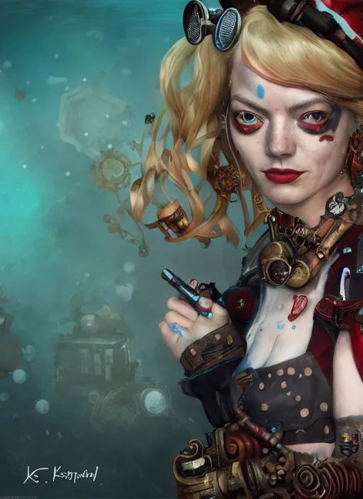 Image similar to underwater steampunk portrait of emma stone as harley quinn, hyper detailed, digital art, cinematic lighting, studio quality, smooth render, unreal engine 5, octane rendered, art style by klimt and nixeu and ian sprigger and krenz cushart.