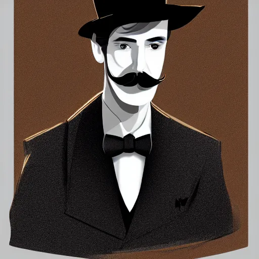 Prompt: Portrait of a man with brown hair and a brown mustache in black suit and black top hat, studio lighting, Sigma 85 mm f/1.4., digital painting, vector art, trending on artstation, sharp shadows