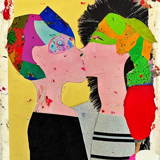 Image similar to two women kissing at a carnival, mixed media collage, retro, paper collage, magazine collage, acrylic paint splatters, bauhaus, claymation, layered paper art, sapphic visual poetry expressing the utmost of desires by junji ito