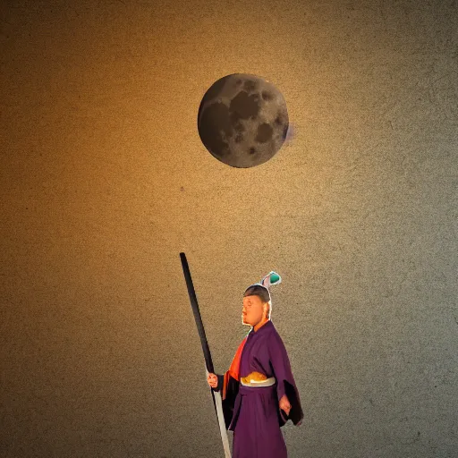 Image similar to old samurai holding ancient sword giant moon in background lighting the area