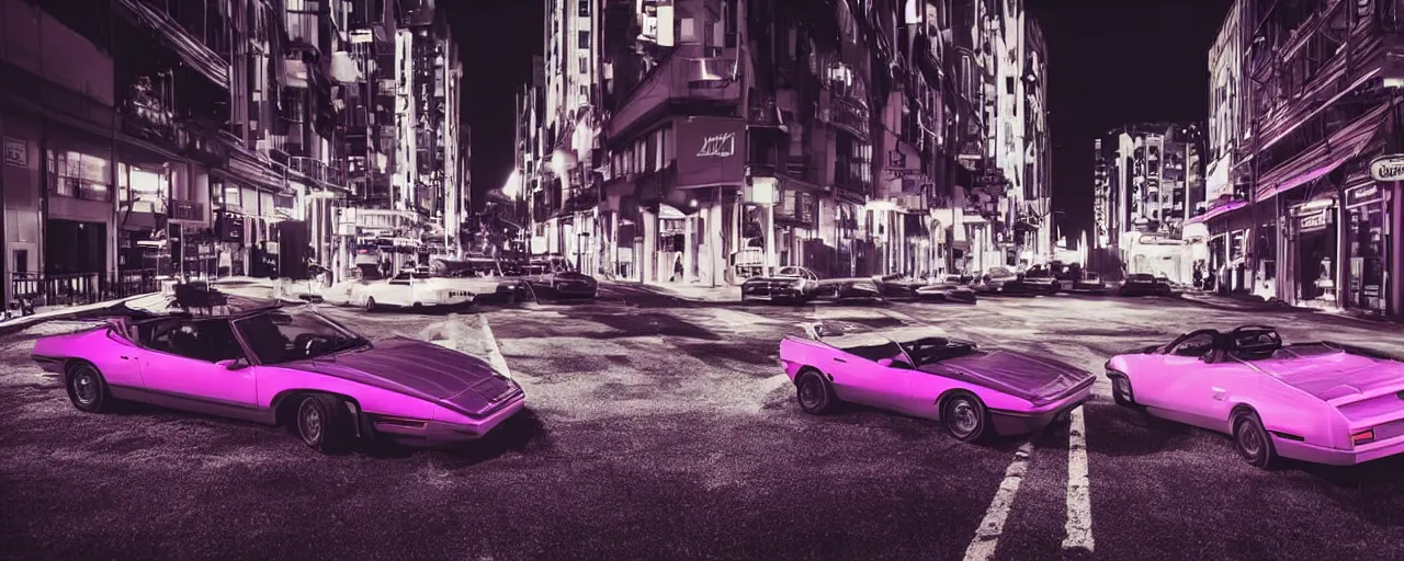 Prompt: 80s sports cars parked on deserted city street at night time purple lighted street retro-wave vibes grainy soft motion blur, cinematic, low wide angle shot