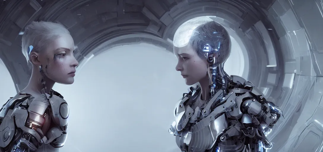 Image similar to hyperrealistic beautiful cinematic female cyborg walking through a portal, stunning 3 d render inspired by istvan sandorfi & greg rutkowski, perfect symmetry, dim volumetric cinematic lighting, 8 k octane comprehensive render, extremely mega hyper - detailed and lifelike attributes & atmosphere, intricate, realistic flesh texture, masterpiece, artstation, stunning,