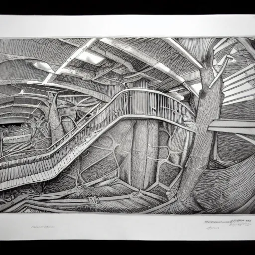 Image similar to insane etching by Mauritius Escher, highly detailed