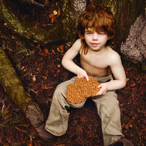 Image similar to A lost boy in the woods finds gingerbread crumbs, XF IQ4, 150MP, 50mm, f/1.4, ISO 200, 1/160s, natural light, Adobe Photoshop, Adobe Lightroom, DxO Photolab, Corel PaintShop Pro, rule of thirds, symmetrical balance, depth layering, polarizing filter, Sense of Depth, AI enhanced, sharpened, denoised