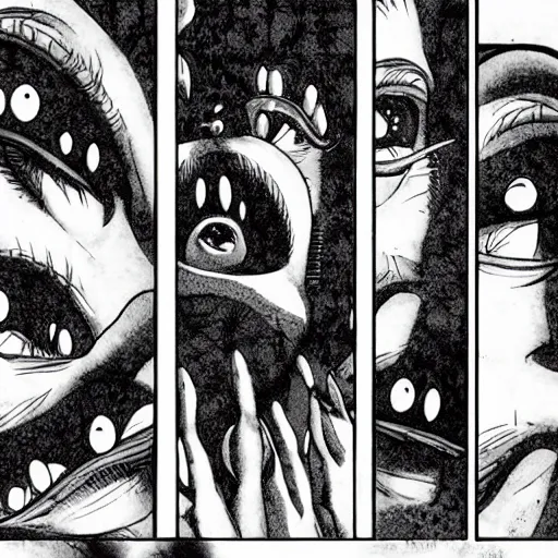 Prompt: manga panel, junji ito, body horror, terrifying, nightmare fuel,