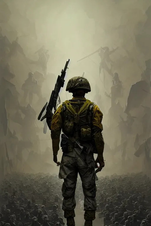 Image similar to a distant shot of a Modern Warfare soldier with blue and yellow uniform standing alone on a pile of skulls as a winner, masculine figure, D&D, fantasy, intricate, elegant, highly detailed, extremely detailed, digital painting, artstation, concept art, matte, sharp focus, symmetrical, illustration, art by Artgerm and Greg Rutkowski and Alphonse Mucha