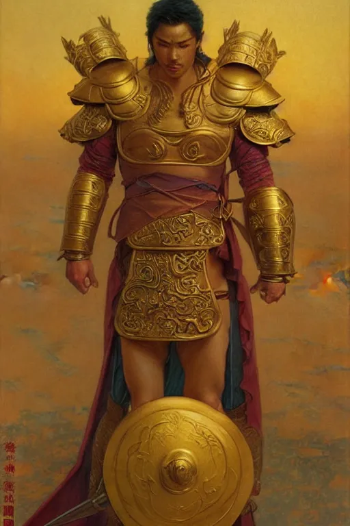 Image similar to tales of earthsea, attractive muscular male with golden armor, ming dynasty, character design, painting by gaston bussiere, craig mullins, j. c. leyendecker, tom of finland