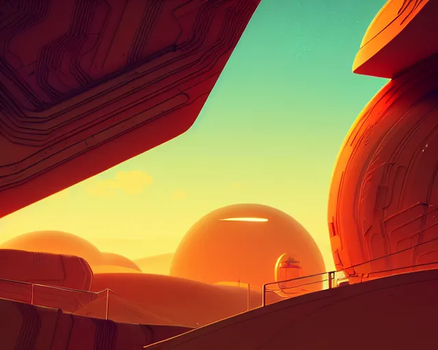 Image similar to retro futuristic landscape inspired by phillipe stark, art by mike winkelmann, golden hour, illustration, highly detailed, simple, smooth and clean vector curves, no jagged lines, vector art, smooth, artstation