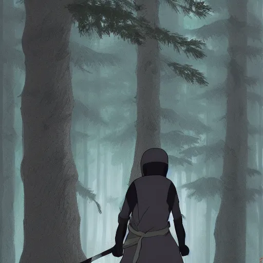 Image similar to a close shot of a ninja standing in a forest by studio ghibli, detailed, gloomy, digital art,