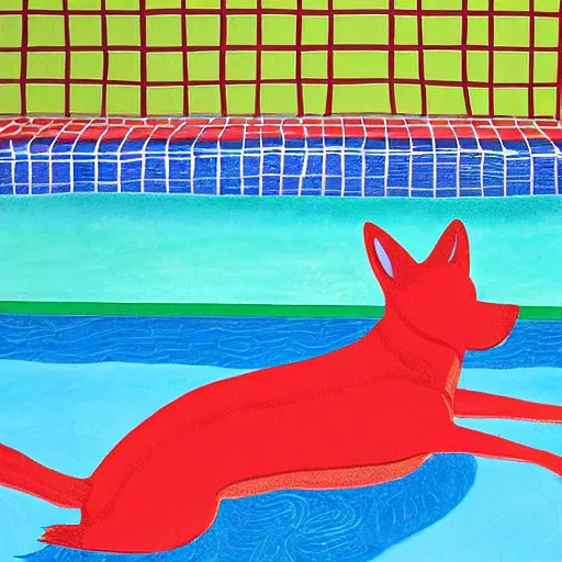 Prompt: close-up of a red dog at pool, painting by david hockney