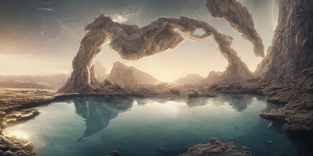 Prompt: artgem and Beeple masterpiece, hyperrealistic surrealism, scifi wide angle landscape in California, award winning masterpiece with incredible details, epic stunning, infinity pool, a surreal liminal space, highly detailed, trending on ArtStation, calming, meditative, surreal, sharp details, dreamscape, giant gold head statue ruins, crystal clear water