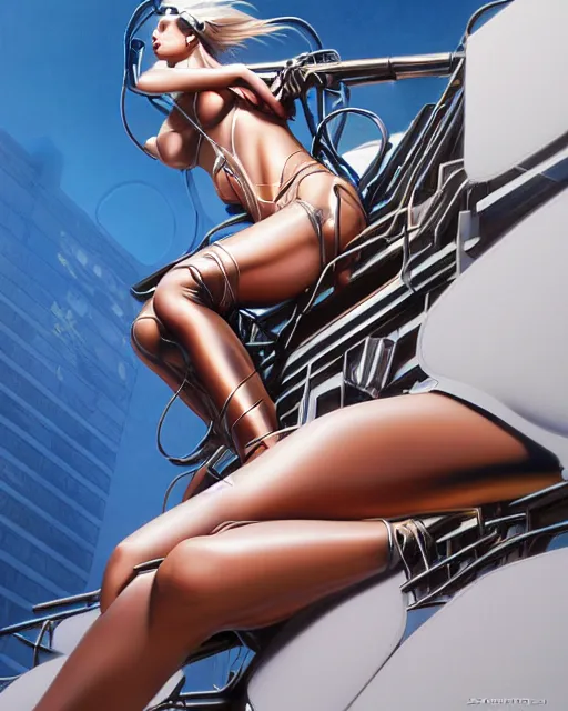 Image similar to a picture of a woman sitting on a ledge, cyberpunk art by hajime sorayama, cgsociety, figurative art, airbrush art, made of liquid metal, synthwave