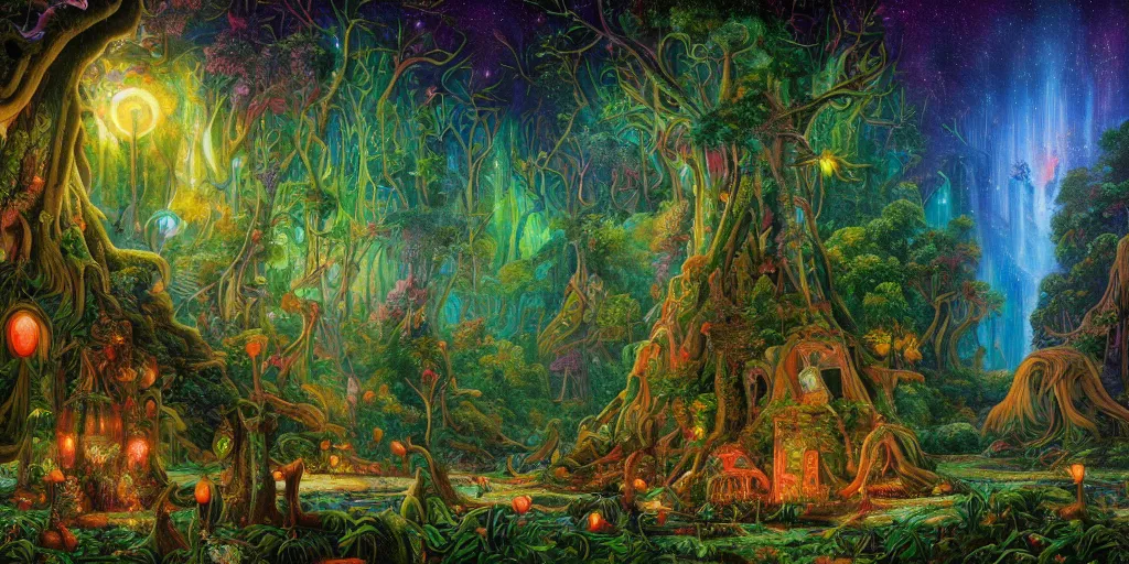 Image similar to beautifully detailed painting of a dreamy psychedelic rainforest with fireflies and fairies, intricate coral, fungal gems, iridescent crystal monoliths, obelisks and an aurora borealis, mossy stumps by dan mumford, diego rivera, eugene delacroix, jean leon gerome, eddie mendoza