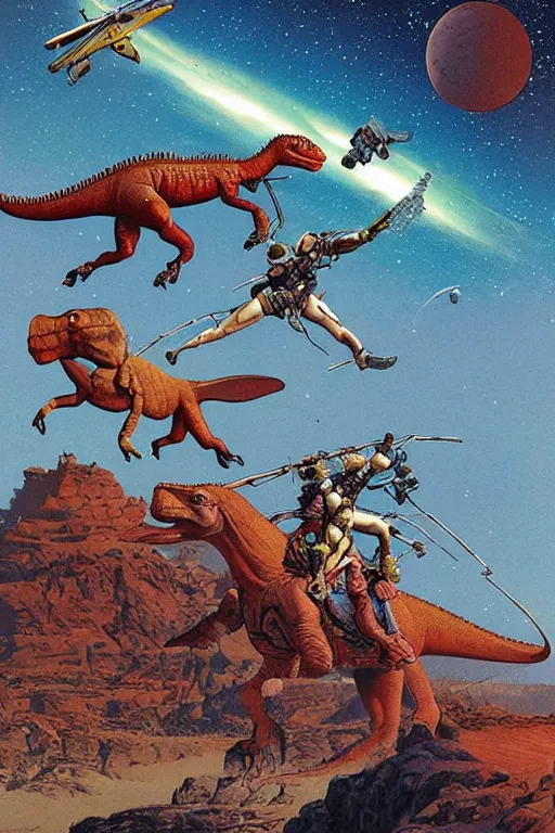 Image similar to beautiful amazons riding dinosaurs on mars against a backdrop of canyons, mercury rainbows in the sky and space fighters shooting, artwork by jean giraud