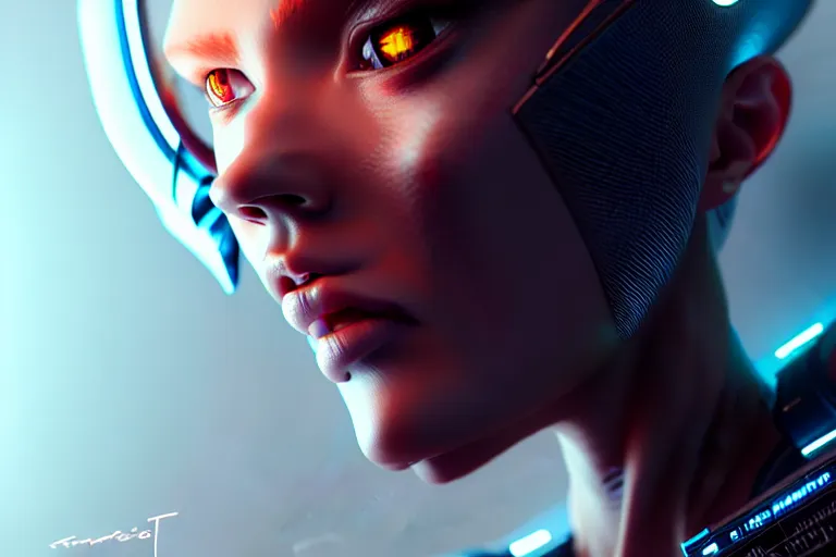 Image similar to ultra realistic, beautiful cyborg woman, sci-fi, fantasy, cyberpunk, intricate, elegant, highly detailed, digital painting, octane render, artstation, concept art, smooth, sharp focus, illustration