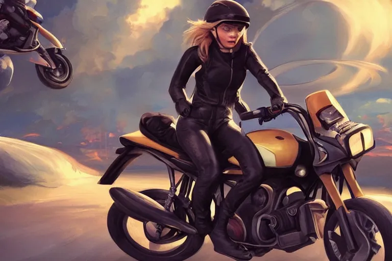 Image similar to chloe grace moretz is riding a motorbike, digital painting, artstation, the space background, concept art, by artgerm hyperdetailed trending on artstation trending on deviantart