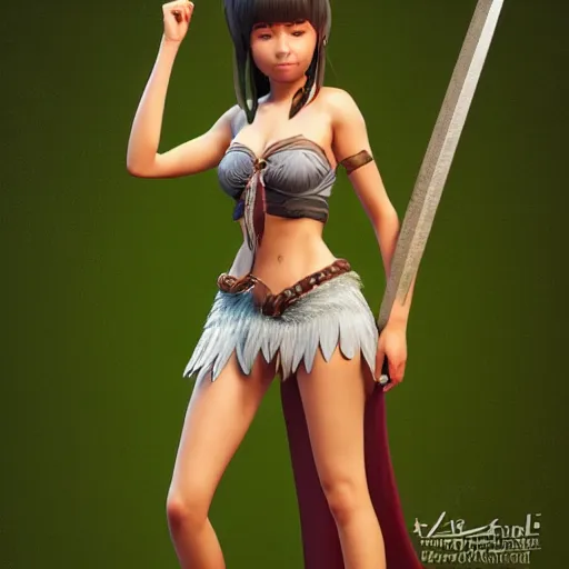 Image similar to a short woman, valkyrie style character, tropical bikini and extra long flowing skirt, oversized broad sword larger than character, by ilya kuvshinov, krenz cushart, pixiv. zbrush sculpt, octane, maya