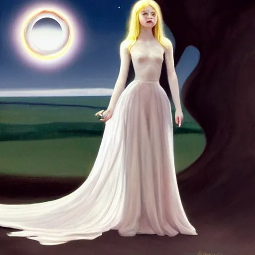 Image similar to Painting of Elle Fanning in the ringed city during the eclipse, long blonde hair, delicate, pale milky white porcelain skin, by Edward Hopper. 8K. Extremely detailed.