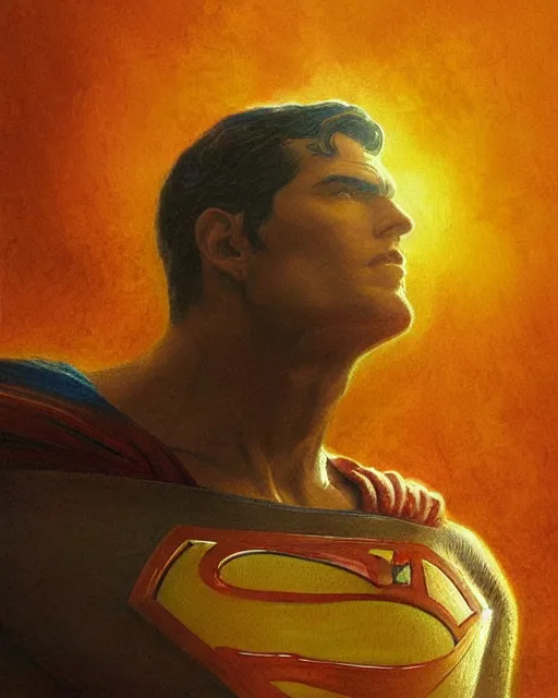 Image similar to superman emerging from the sun, highly detailed face, intricate, deep focus, elegant, orange yellow ethereal, horror, fantasy art by greg rutkowski and magali villeneuve and claude monet