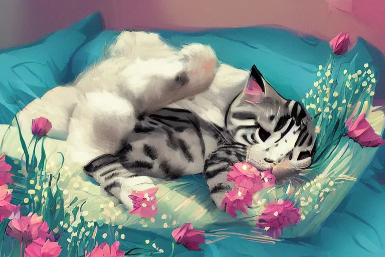 Image similar to a digital art of an american shorthair sleeping in the room with flowers around in the afternoon, the sun shines in, animal, light effect, highly detailed, by anton fadeev