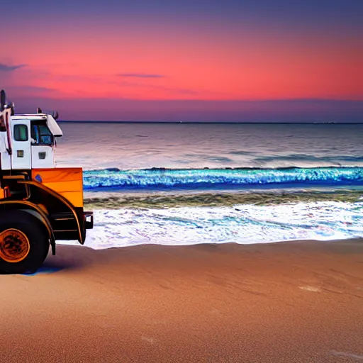 Prompt: a dump truck chilling on the beach, sunset