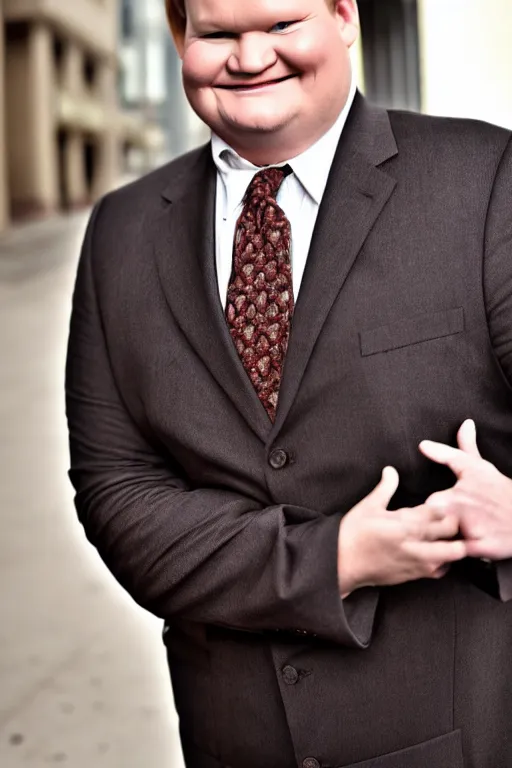 Image similar to andy richter wearing a brown suit and necktie, ultra hd photo, 3 5 mm close up, fish eye, realistic, smiling, holding a black work boot