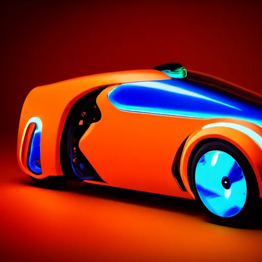 Image similar to a orange and blue shiny metallic robot in style of a bmw concept car vision with cyan glowing laser beams out of the eyes, insanely integrate details, cables out of the ears, sharp, frontshot, 8 k,