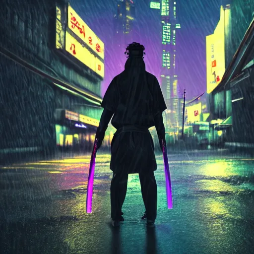 Image similar to realistic detailed portrait of a lone samurai with prosthetic hands, a purple blindfold and a high-tech katana behind his back, clothing in dark deep colors, cyberpunk style, rainy weather and evening, neon lights, 4K, masterpiece