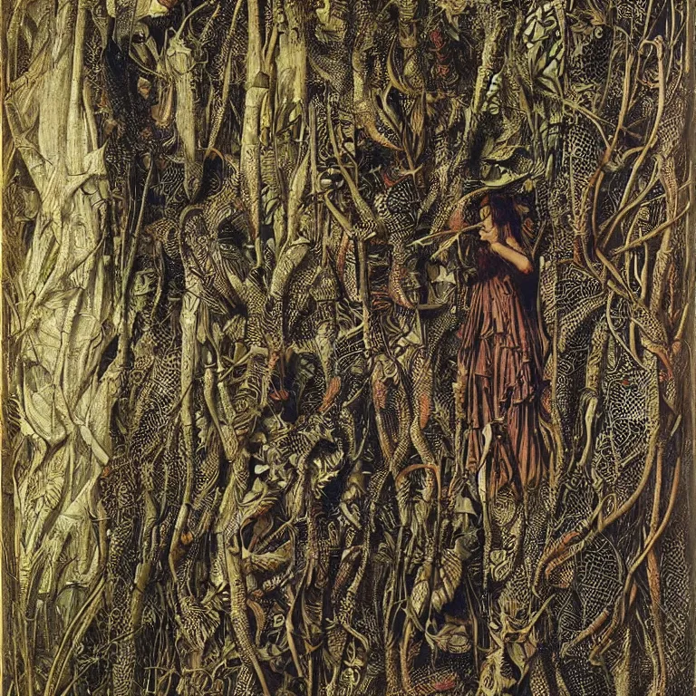 Prompt: a animalistic woman with her skin covered in patterns, fish scales, snake skin, her face looks like a orchid, huge plants tower around her, jan van eyck, max ernst