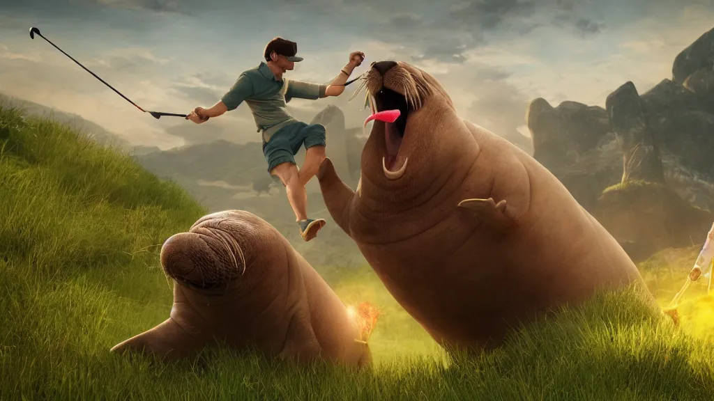 Prompt: a walrus attacking a blond golfer, fantasy artwork, hd, hdr, ue 5, ue 6, unreal engine 5, cinematic 4 k wallpaper, 8 k, ultra detailed, high resolution, artstation, award winning