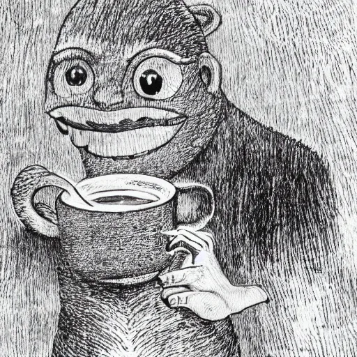 Image similar to highly detailed illustration of a monster smiling and dancing around a beautiful steaming cup of coffee, style of Japanese illustration, Maurice Sendak, Tove Jansson