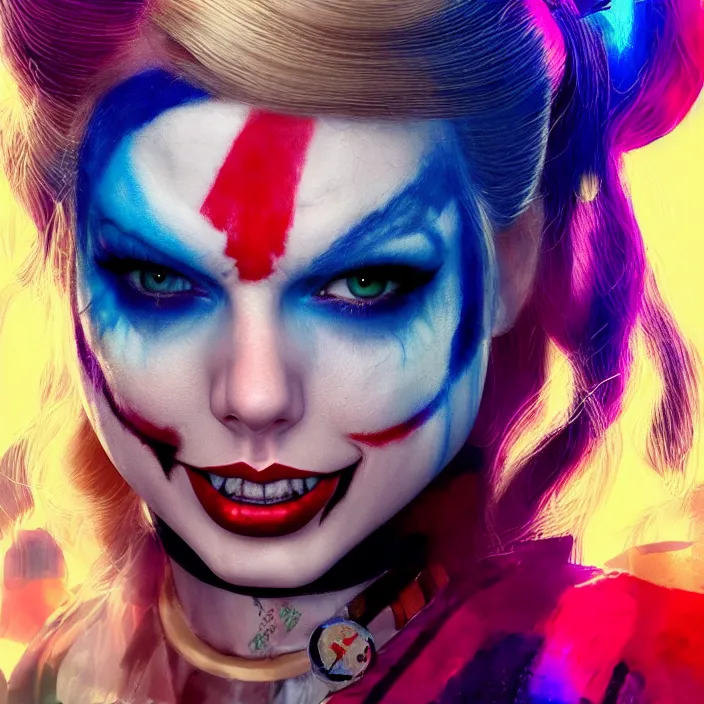 Image similar to portrait of Taylor Swift as a harley quinn in Suicide Squad. intricate abstract. intricate artwork. by Tooth Wu, wlop, beeple, dan mumford. octane render, trending on artstation, greg rutkowski very coherent symmetrical artwork. cinematic, hyper realism, high detail, octane render, 8k, iridescent accents