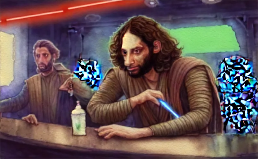 Image similar to a realistic star wars watercolor fantasy concept art of a drug dealer that looks like chris d'elia in a sleazy futuristic bar of coruscant, hq, 4 k