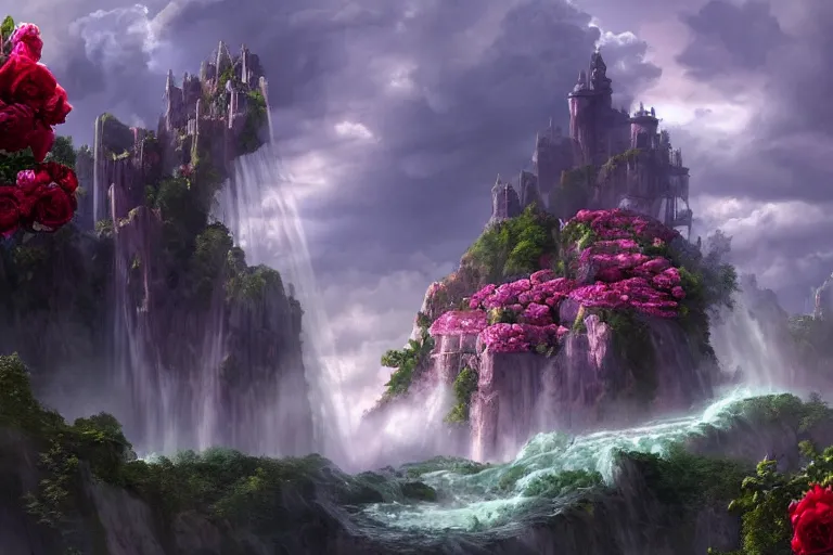 Prompt: an epic cg matte painting, expansive view three gorgeous palaces on the clouds, several waterfulls drops from the clouds, a sea of pink roses, by zeen chinhigh - definition picture, unreal engine, trending onset station - - height 1 0 2 4