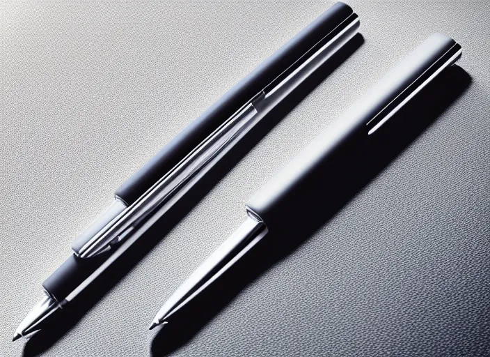 Image similar to futuristic!! ballpen ( design by porsche!!!!! ), xf iq 4, 1 5 0 mp, 5 0 mm, f / 1. 4, iso 2 0 0, 1 / 1 6 0 s, natural light, octane render, macro shot, symmetrical balance, polarizing filter, sense of depth, ai enhanced