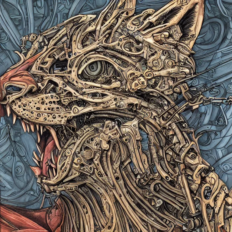 Prompt: detailed portrait artwork of a biomechanical lynx by subjekt zero. colored centered uncut. slightly lowbrow. influenced by andrei riabovitchev and igor goryunov.