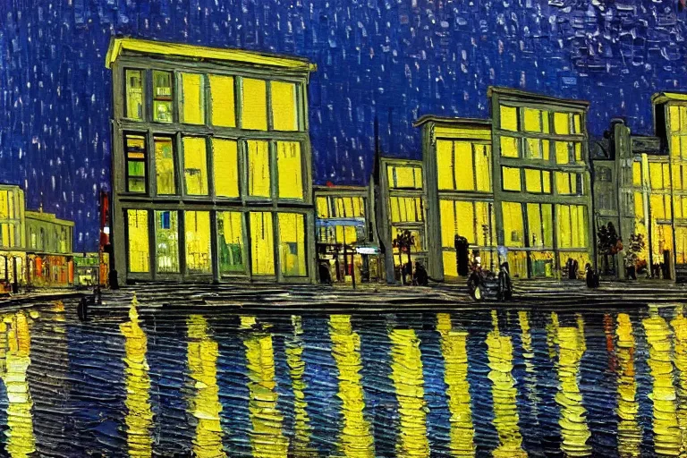 Prompt: oil painting of modern Eindhoven city by night, painted by Vincent van Gogh