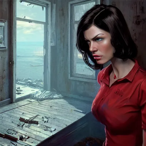 Image similar to portrait of a brunette slim woman with blue eyes in fallout 4, light stubble with red shirt inside victorian mansion ,digital art,photorealistoc,art by greg rutkowski,hyperdetailed,western comic style,comic,comic style,sharp lineart,professional lighting,deviantart,artstation,trevor henderson,rossdtaws,cinematic,dramatic